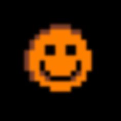 an orange pixellated smiley face on a black background