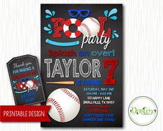 this is an image of a pool party birthday card with a baseball and sunglasses on it