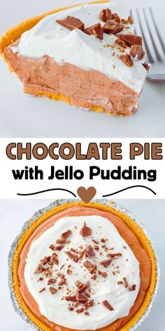 chocolate pie with jello pudding in the middle and topped with whipped cream on top