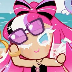 a cartoon girl with sunglasses and a pink bow on her head holding a drink in front of the ocean