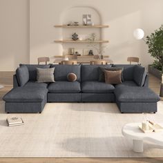 a living room with a sectional couch and coffee table