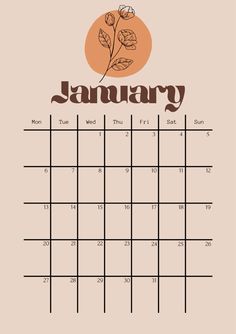 the january calendar is shown with flowers and leaves in brown, orange and tan colors