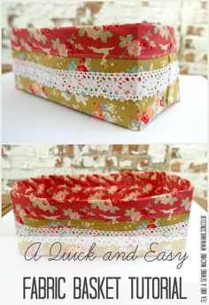 the instructions for how to make a fabric basket with lace trims and flowers on it