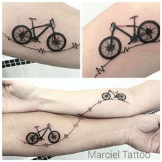 three different tattoos on the arms of two people, one with a bicycle and another with an arrow