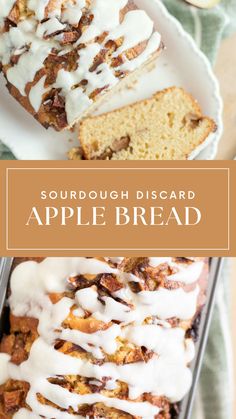 a loaf of sourdough bread with white icing on top and the words sourdough biscard apple bread above it