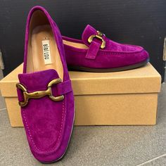 Bidi Lou Loader Magenta Suede Gold Tone Buckle Leather Insole And Upper Synthetic Sole And Heel Padded Insole Shoe Bags Included Smoke Free House No Known Flaws Or Issues Purple Leather Slip-on Loafers, Elegant Purple Slip-on Loafers, House No, Shoe Bags, Shoe Insoles, Suede Loafers, Suede Shoes, Pink Purple, Loafers