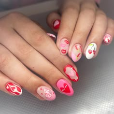 Valentines Nails With Cherries, Mix Match Valentines Day Nails, Fire Valentines Nails, Girly Valentines Nails, Valentines Cherry Nails, Matching Valentines Nails, Abstract Valentines Nails, Mix And Match Nails Design, Valentine’s Day Nail Art