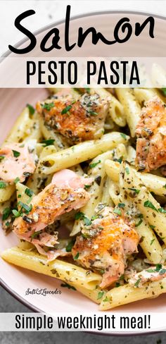 salmon pesto pasta on a plate with text overlay