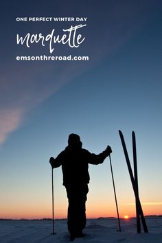 Cross country skier at sunset North Country Trail, Michigan Winter, Echo Lake, Presque Isle, Waterfall Hikes, Ice Climbing