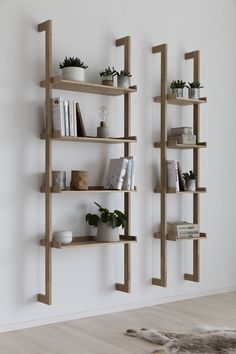 two wooden shelves with books and plants on them