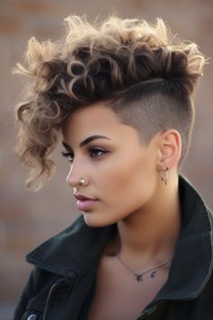 The edgy short mohawk curls hairstyle brings a confident vibe to your curly hair. The shorter sides emphasize the curls on top making a statement. Click here to check out more cute short curly haircuts & hairstyles trending right now. Undercut Hairstyles Women Short Curly, Curly Pixie Shaved Sides, Quick Curly Hairstyles Natural Curls, Short Curly Hair Color, Curly Hair Shaved Side, Cute Short Curly Haircuts, Get Your Curls Back, Shirt Curly Hairstyles, Enby Hair