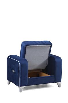 a blue chair with an open seat and storage compartment on the bottom right hand side