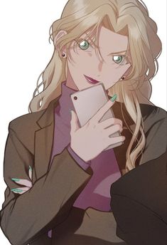 a woman with blonde hair is holding a cell phone and looking at the camera while wearing a brown jacket