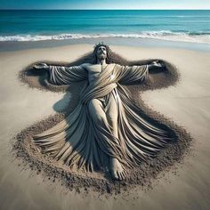 a sand sculpture of jesus on the beach with his arms spread out and eyes closed