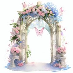 an archway with pink and blue flowers on the outside, and a butterfly flying over it