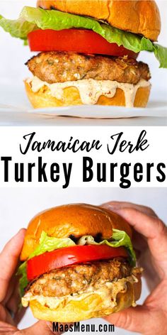 two pictures of turkey burgers with lettuce, tomato and cheese on them