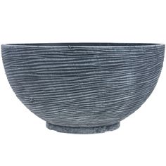 a gray bowl with wavy lines on the outside and inside, sitting in front of a white background