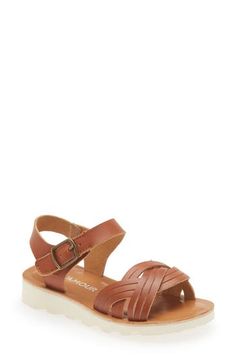 Memory foam cushioning brings comfort with every step they take in this go-anywhere leather sandal shaped with wavy woven straps. Leather upper/synthetic lining and sole Imported Girls Shoes, Cognac, Leather Sandals, Memory Foam, Shoes Sandals, Leather Upper, Nordstrom, Sandals, Leather