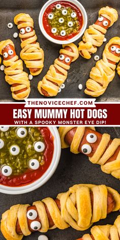 hot dogs with googly eyes and eyeballs on them are ready to be eaten