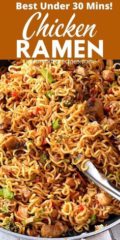 chicken ramen with broccoli and mushrooms in a skillet