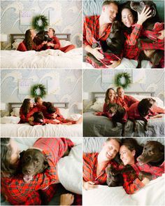 a couple and their dog cuddle together on the bed in matching flannel pajamas