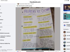 a facebook page with notes on it and the words protein ice cream written in yellow