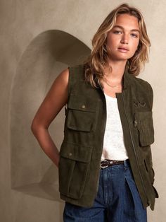 Heritage Suede River Vest | Banana Republic Suede Vest Outfit, Photographer Vest, Olive Vest, Vest Outfits For Women, Safari Outfits, Safari Chic, Cargo Vest, Honeymoon Outfits, Fly Fisherman