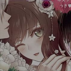 two anime characters with flowers in their hair, one holding the other's face