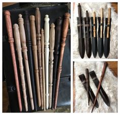 several different types of wooden canes in various shapes and sizes