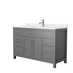 a gray bathroom vanity with white counter top and two faucets on each side