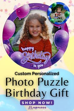 a birthday photo puzzle is shown with balloons