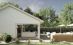 a white house with an outdoor living area and pool in the back ground, surrounded by trees