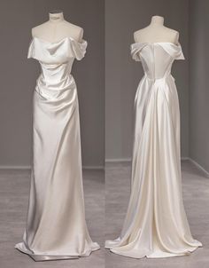 two dresses on mannequins, one in white and the other in ivory