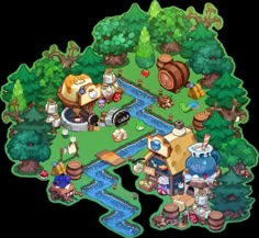 an animal crossing map with many animals and other things on it's land, including water