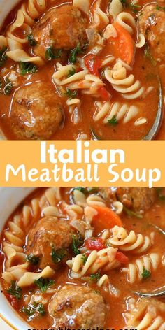 italian meatball soup with noodles and carrots in a white bowl