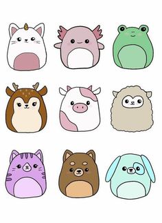 six different colored animals with faces drawn in the style of an animal's head