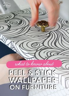 Considering wrapping your old or ugly furniture in peel and stick wallpaper? Before you give this easy, mess-free furniture DIY a try, be sure to read this comprehensive guide on wallpapering furniture, including what paper to use, how it will stick, and if you need to seal it! Diy Peel And Stick Wallpaper Furniture, Peel And Stick Paper On Furniture, Painted Furniture With Wallpaper, Furniture Makeover Wallpaper, Self Adhesive Wallpaper On Furniture, Peel And Stick Shelf, Peel And Stick Wallpaper On Desk, How To Use Wallpaper On Furniture, Wallpaper On Drawer Fronts