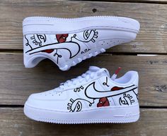 Custom Air Force 1s with Black and Red line drawing of a woman's face Trendy Trainers, Custom Sneakers Diy, Painted Nikes, Anime Wedding, Custom Shoes Diy, Nike Air Force 1s, Air Force 1s, Air Force 1 Custom, Custom Air Force 1