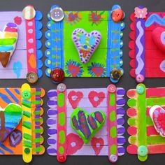 colorful paper crafts are arranged on the table for children's arts and craft work