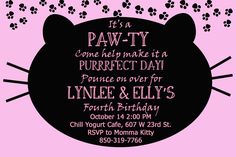 a pink and black cat birthday party with paw prints on the front, it's a