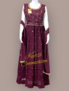 Material: georgette Long Georgette Salwar Kameez For Reception, Georgette Long Kurta For Reception, Elegant Purple Georgette Kurta, Georgette Salwar Kameez For Evening, Fitted Chiffon Kurta For Festive Occasions, Festive Fitted Chiffon Kurta, Evening Anarkali Set For Festivals, Georgette Anarkali Set For Evening Festivals, Evening Anarkali Set For Festivals In Georgette