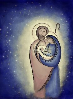 an image of jesus holding the baby jesus in his arms with stars around him on a blue background