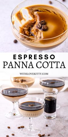 espresso panna cota with coffee in glasses on the side and text overlay reading espresso panna cota