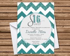 a teal and white chevron pattern with the word sweet sixteen is displayed on top of an envelope