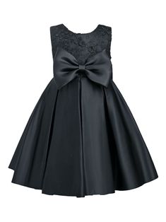 black cotton blend floral embroidered bodice double bow sleeveless pleated skirt crew neck rear zip fastening Black Dress With Satin Bow For Party, Black Party Dress With Bow Tie Back, Black Sleeveless Dress With Bow Tie Back, Sleeveless Dresses With Satin Bow For Dress-up, Black A-line Dress With Bow, Fitted Black Dress With Satin Bow, Black Fitted Dress With Satin Bow, Formal Sleeveless Dress With Satin Bow, Sleeveless Dress With Bow Tie Back For Dress-up