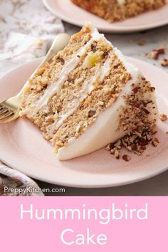 a slice of hummingbird cake on a pink plate