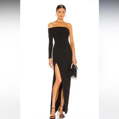 Self: 95% Poly, 5% Elastane Lining: 90% Poly, 10% Elastane Dry Clean Only Unlined Hidden Side Zipper Closure Off Shoulder Styling Midweight Crepe Fabric Neckline To Hem Measures Approx 55" In Length Imported Revolve Style No. Sola-Wd128 Worn Once For Courthouse Wedding Solace London Black Dress, Revolve Style, Solace London, London Dresses, Off Shoulder Fashion, Courthouse Wedding, Crepe Fabric, Side Zipper, Black Color