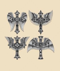 four crosses with wings in the style of tattoo art - tattoos decoratives on paper