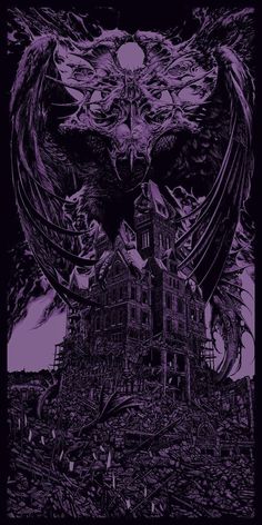 an image of a building that is in the middle of a painting with purple and black ink