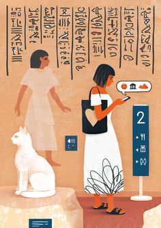 an egyptian scene with two women and a dog looking at information on a tablet screen